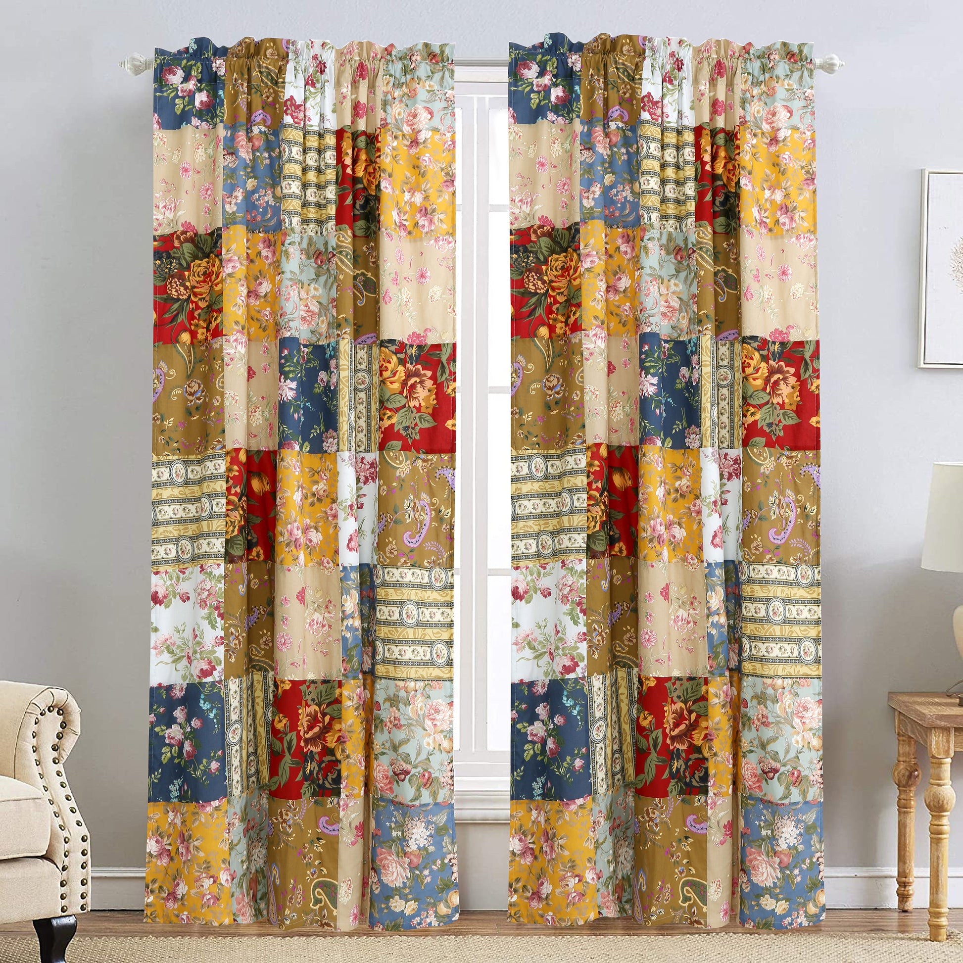 Cozy Line Home Fashions Sanders Floral Paisley Navy Blue Brown Red Patchwork Rod Pocket Window Curtain Panel/Drapes (2 Piece) with Tie Backs