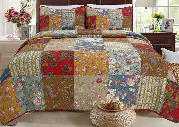 Ryleigh Floral Real Patchwork Country Garden Fall Flowers Paisley 3-Piece Cotton Reversible Quilt Bedding Set