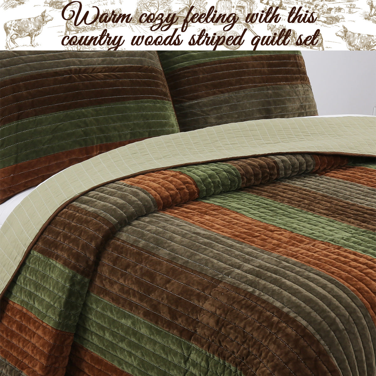 Rhett Brown Striped 3-Piece Reversible Quilt Bedding Set