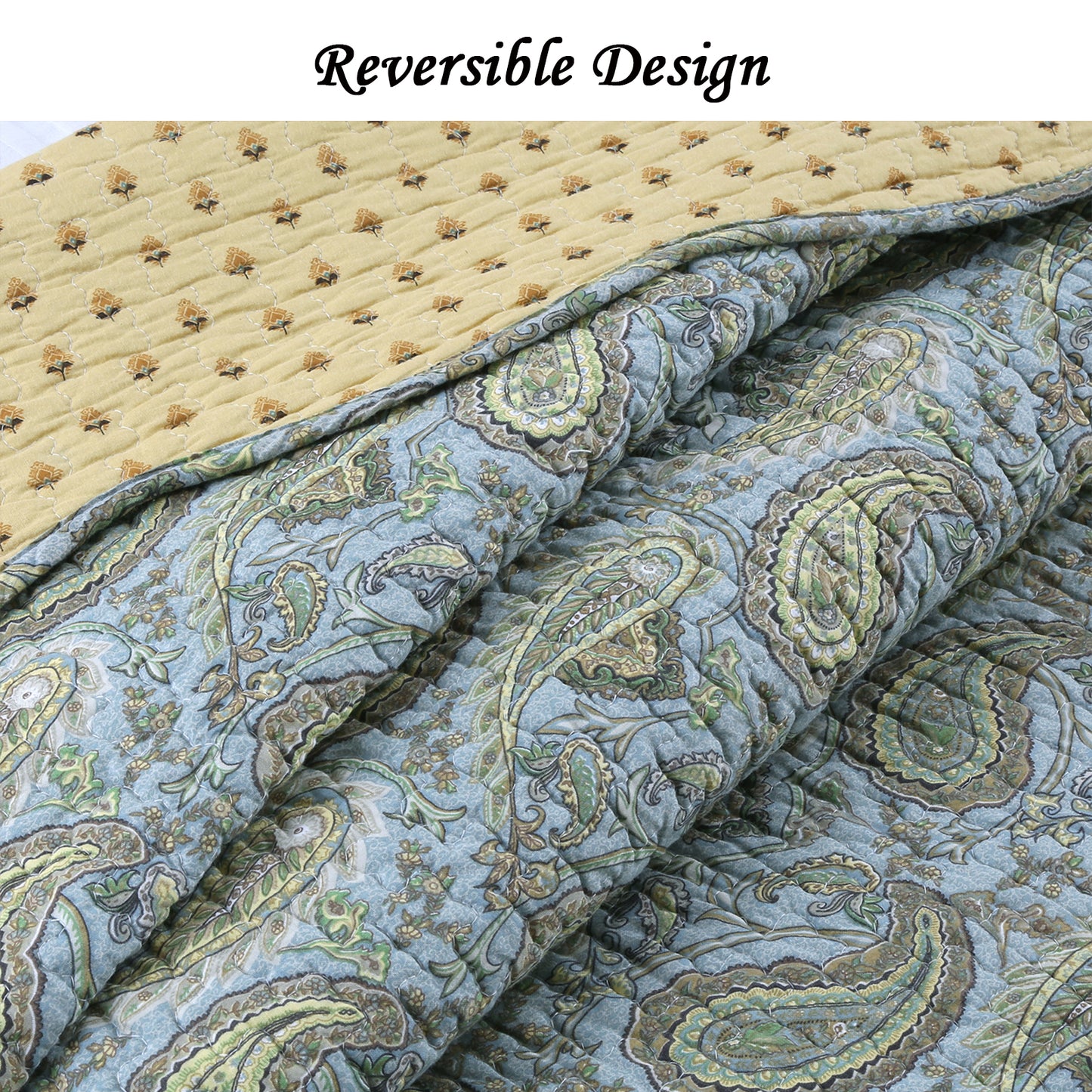 Green Blue Persian Paisley Scalloped Cotton 3-Piece Reversible Quilt Bedding Set