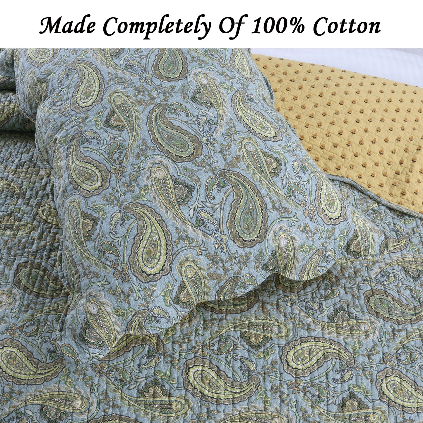 Green Blue Persian Paisley Scalloped Cotton 3-Piece Reversible Quilt Bedding Set