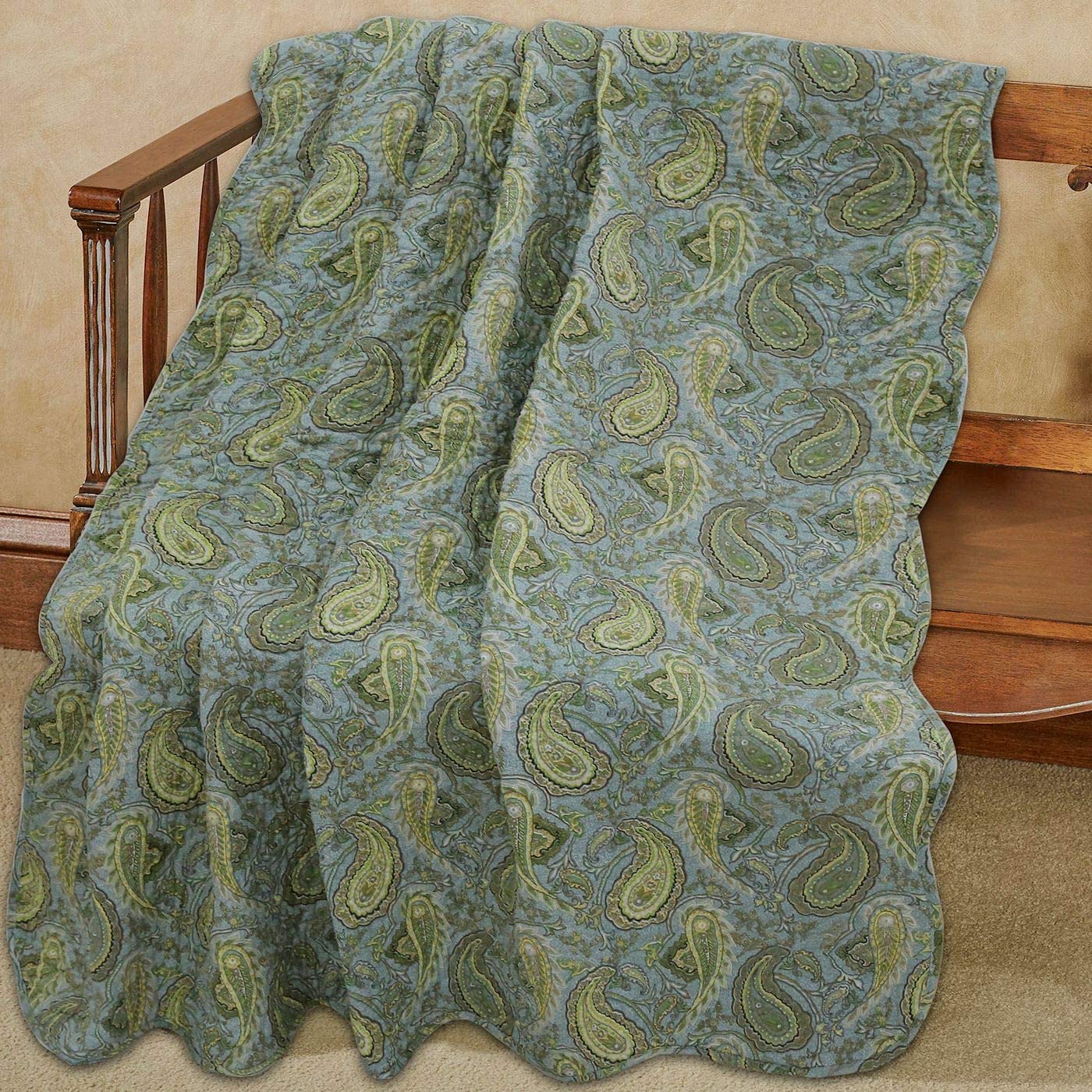 Green Blue Persian Paisley Scalloped Cotton Reversible Quilted Throw Blanket