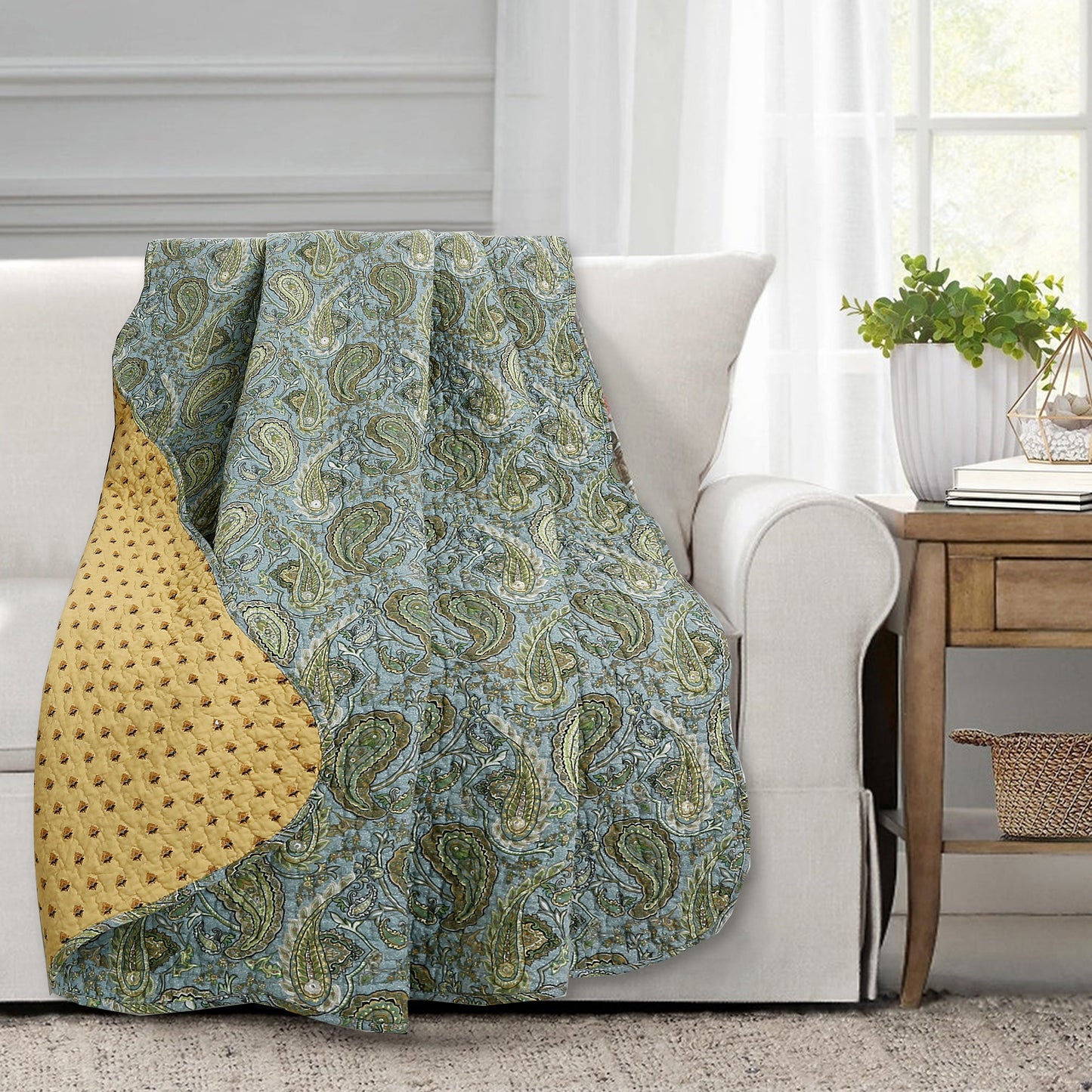 Green Blue Persian Paisley Scalloped Cotton 3-Piece Reversible Quilt Bedding Set