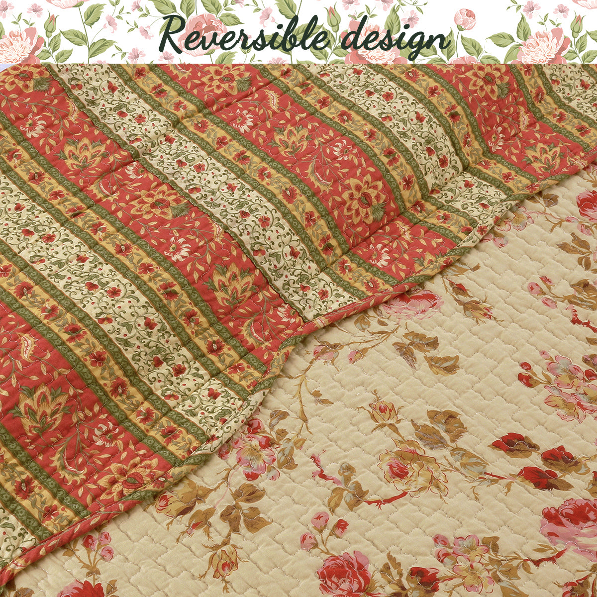 Vintage Rose Floral Cotton Quilted Scalloped 3-Piece Reversible Quilt Bedding Set