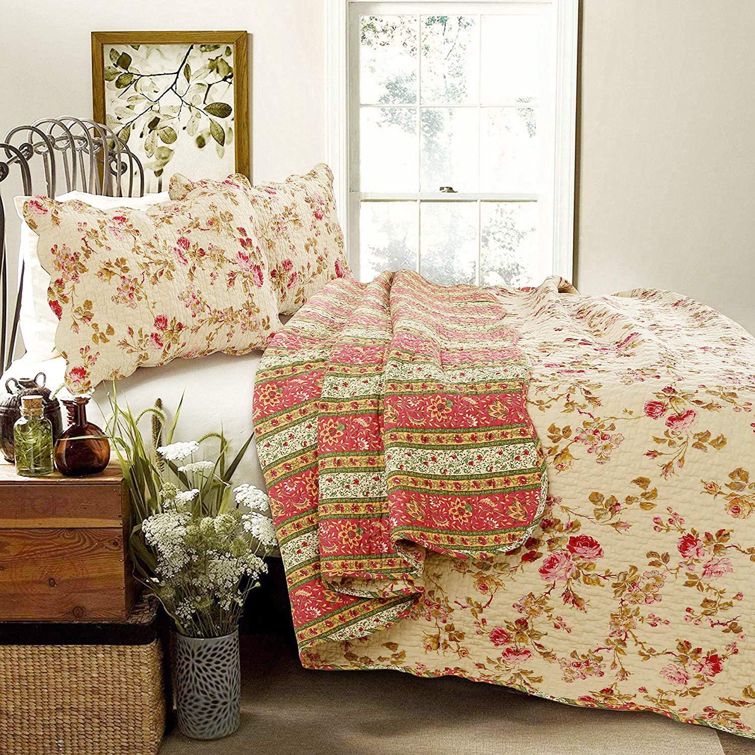 Vintage Rose Floral Cotton Quilted Scalloped 3-Piece Reversible Quilt –  Cozy Line Home Fashions