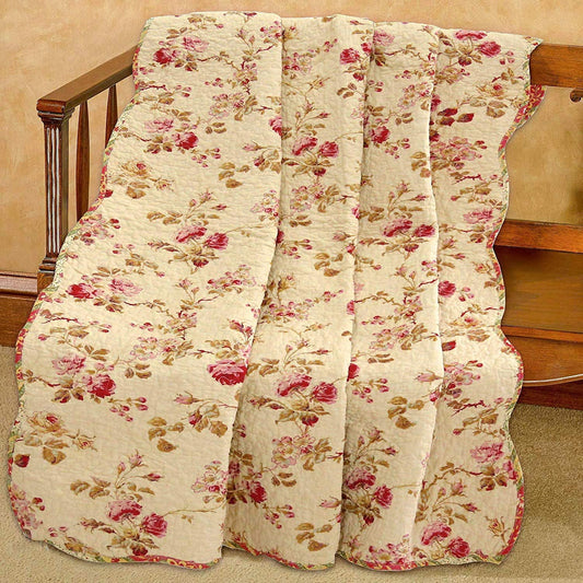 Vintage Rose Floral Cotton Quilted Scalloped Reversible Throw Blanket