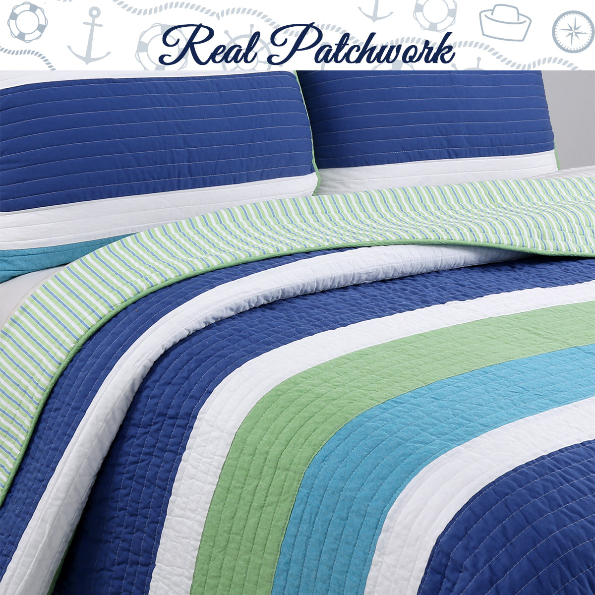 Waylon Blue Green Stripe Real Patchwork Cotton Reversible Quilt Bedding Set