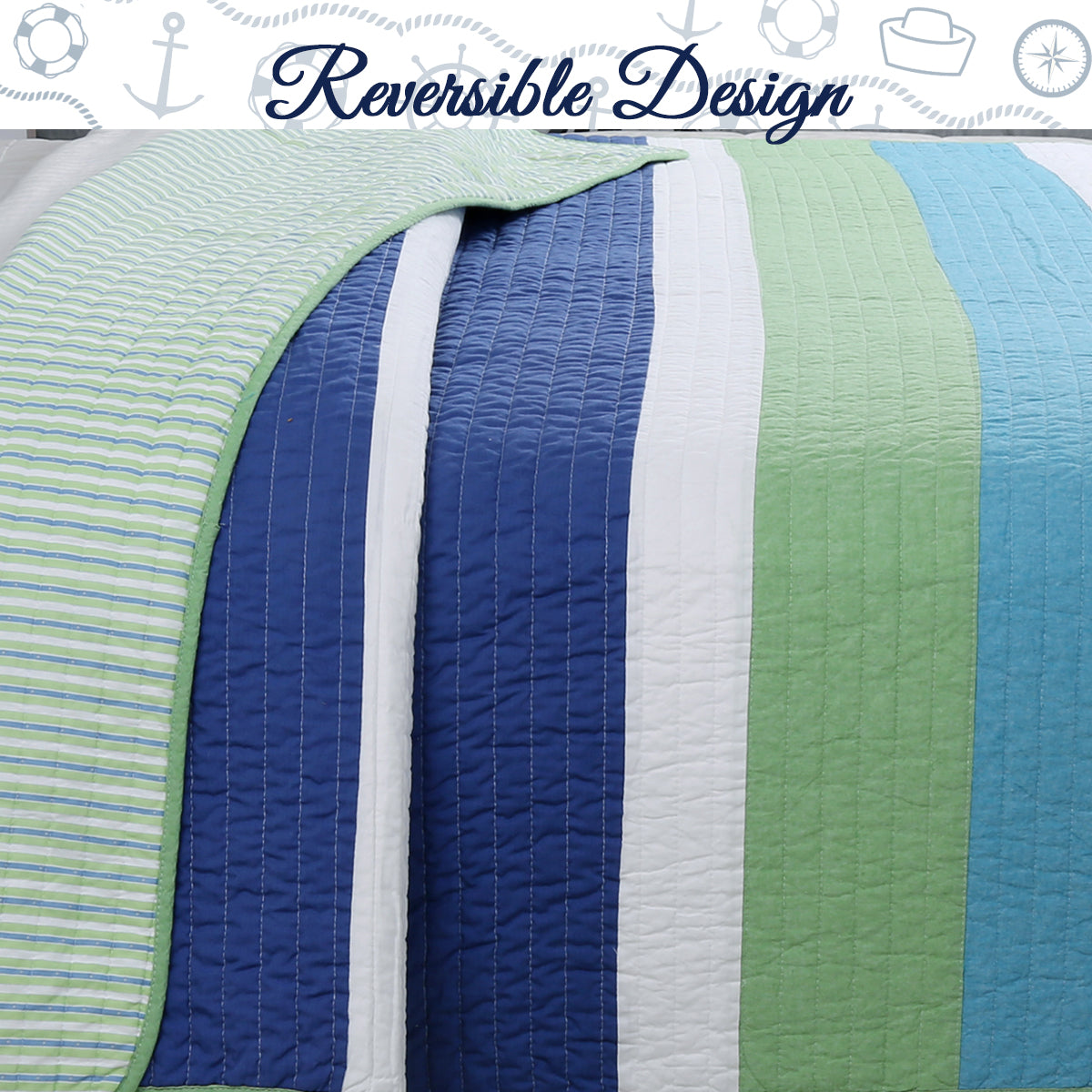Waylon Blue Green Stripe Real Patchwork Cotton Reversible Quilt Bedding Set