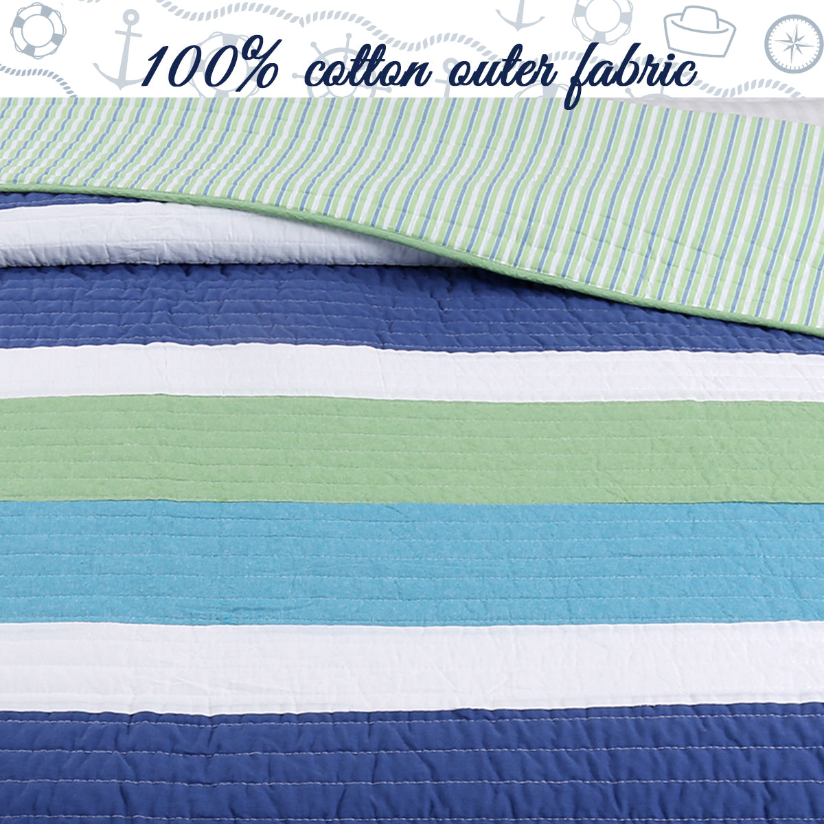 Waylon Blue Green Stripe Real Patchwork Cotton Reversible Quilt Bedding Set
