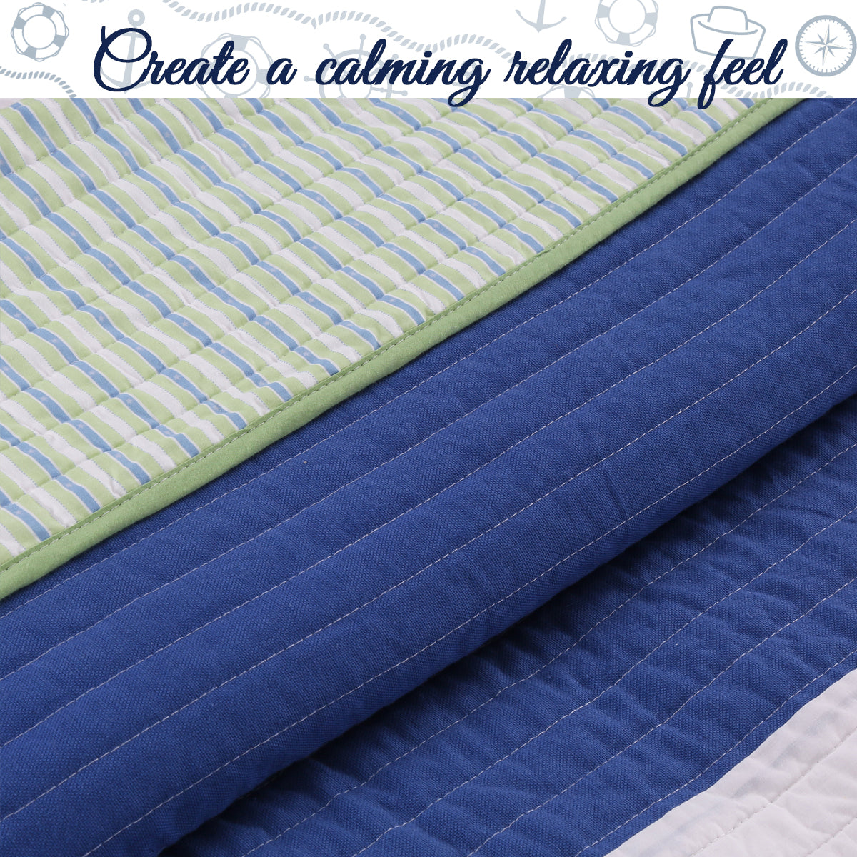Waylon Blue Green Stripe Real Patchwork Cotton Reversible Quilt Bedding Set