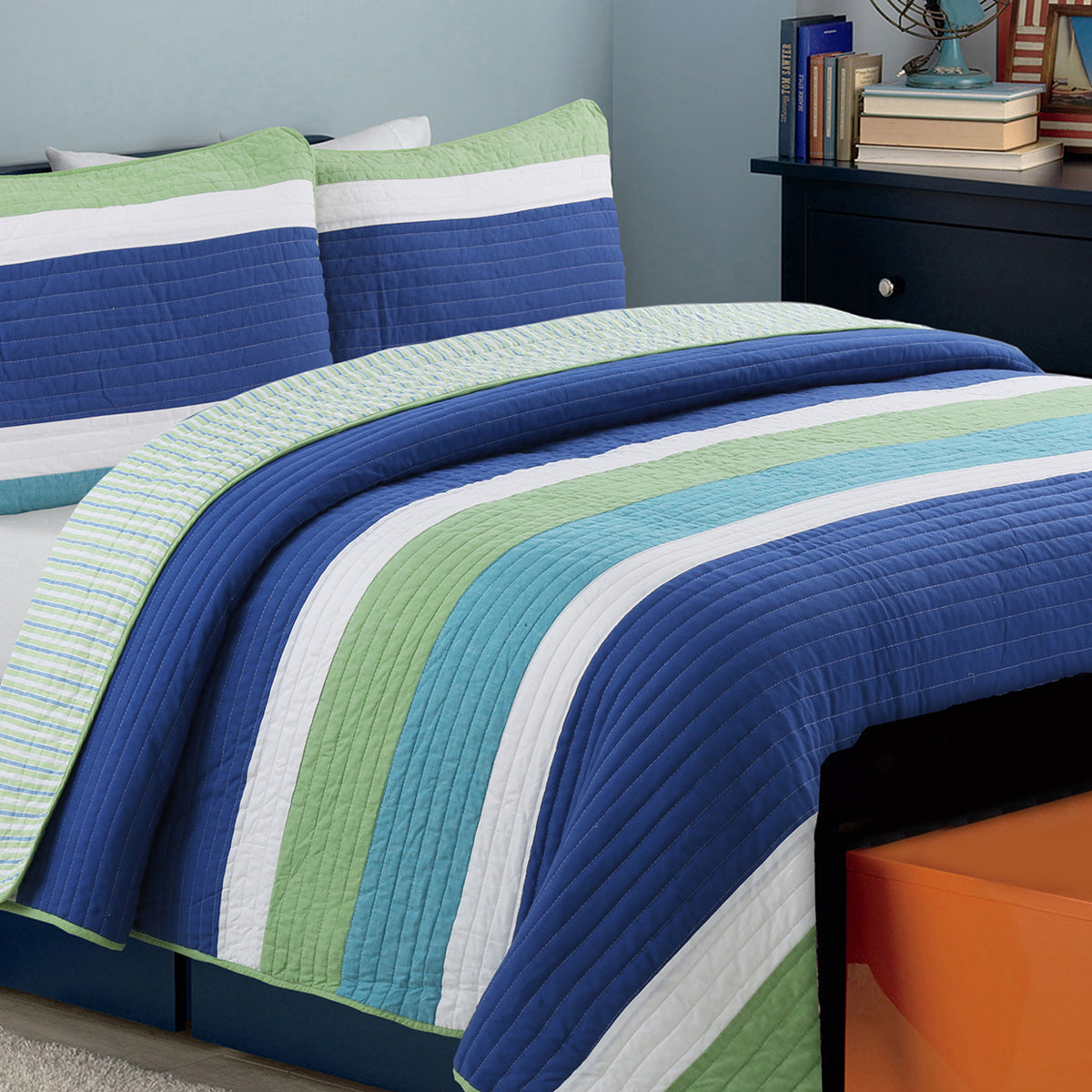 Waylon Blue Green Stripe Real Patchwork Cotton Reversible Quilt Bedding Set