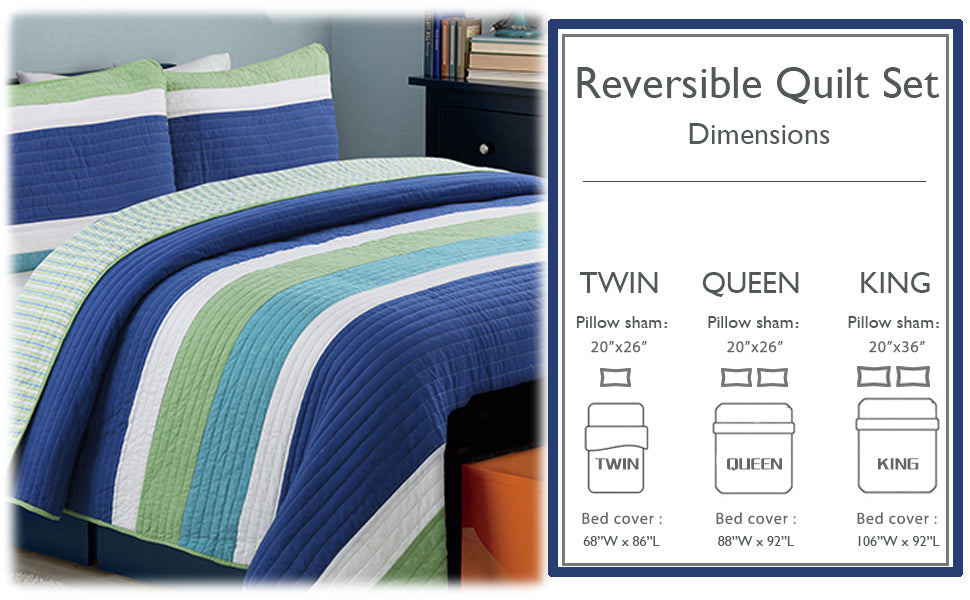 Waylon Blue Green Stripe Real Patchwork Cotton Reversible Quilt Bedding Set
