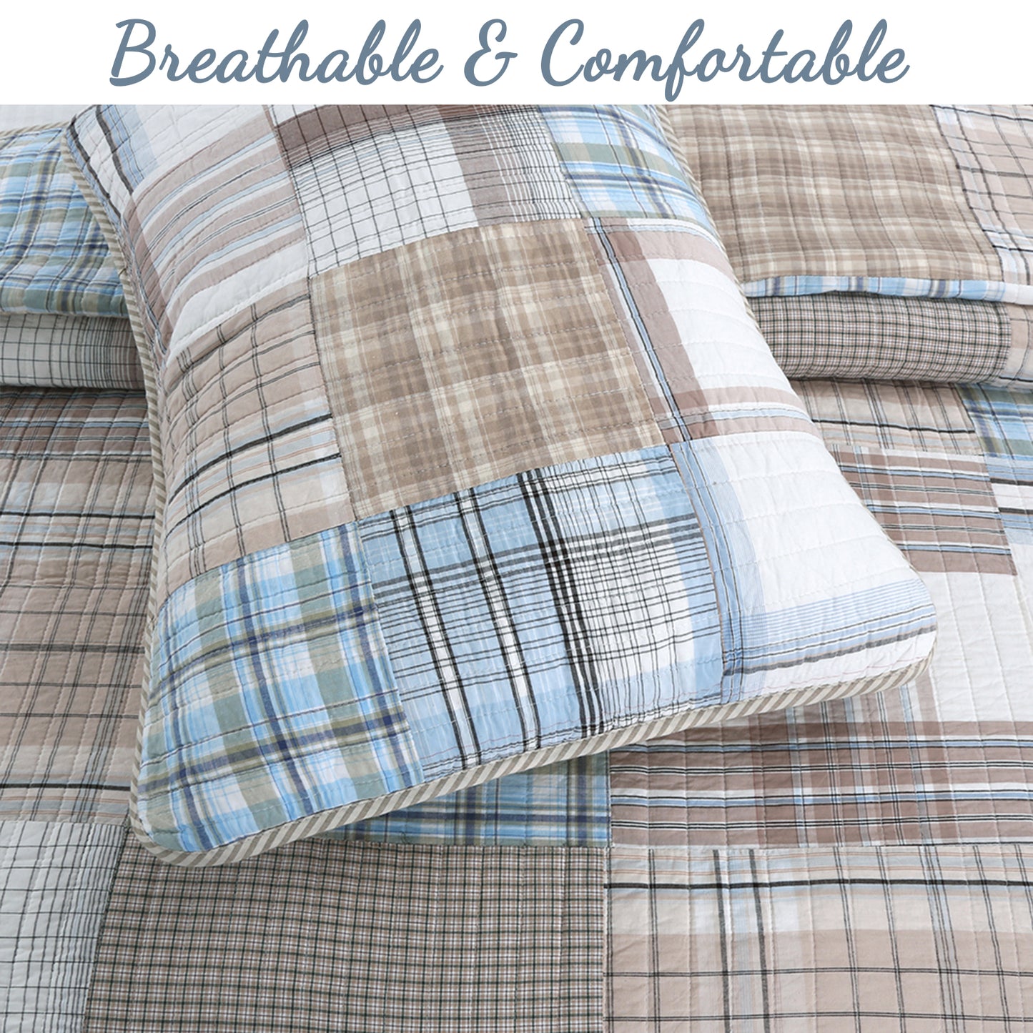 Hank Real Patchwork Blue 3-piece Cotton Reversible Quilt Bedding Set