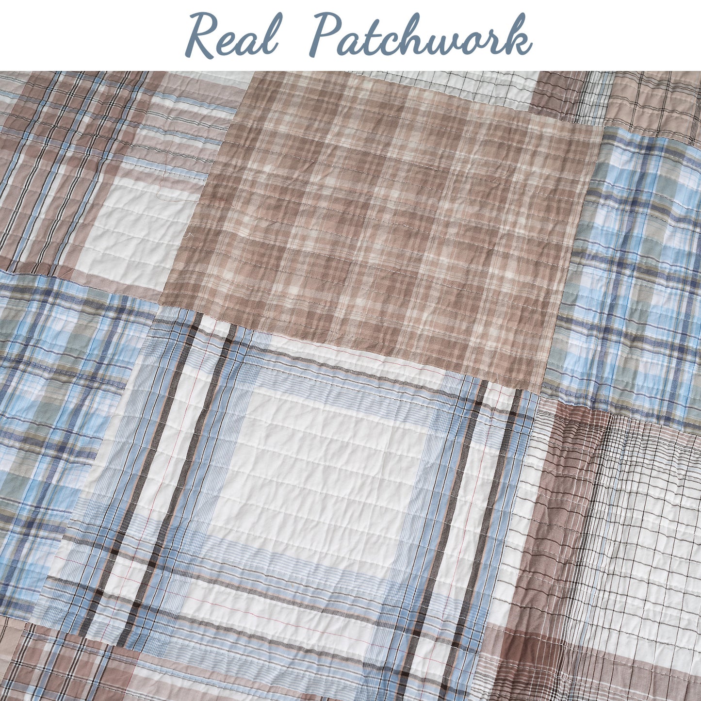 Hank Real Patchwork Blue 3-piece Cotton Reversible Quilt Bedding Set
