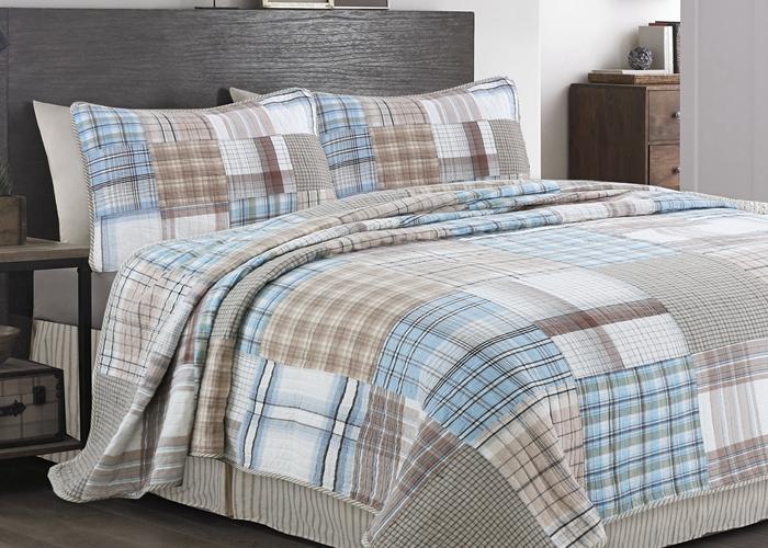 Hank Real Patchwork Blue 3-piece Cotton Reversible Quilt Bedding Set