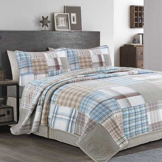 Hank Real Patchwork Blue 3-piece Cotton Reversible Quilt Bedding Set