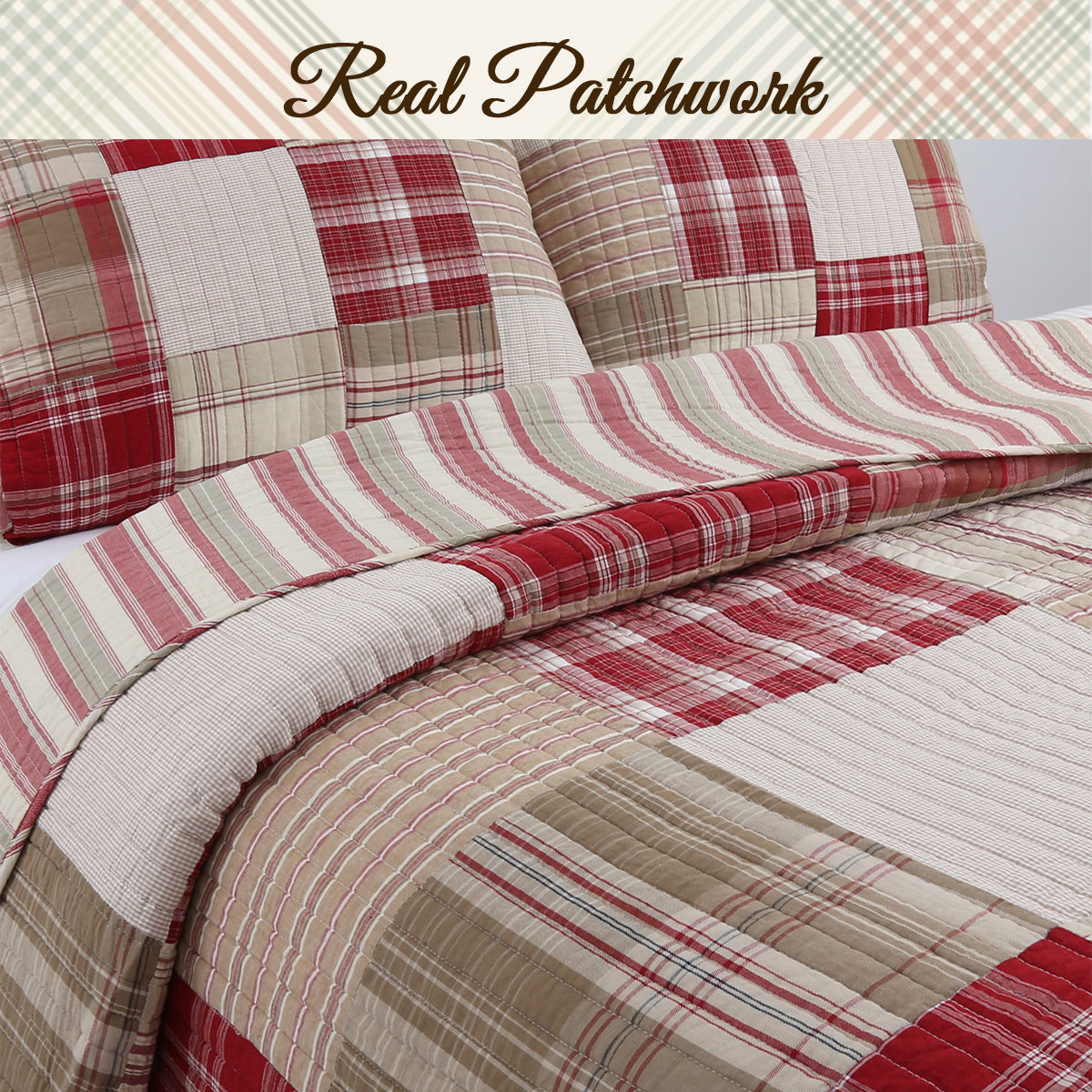 Alivia Red Brown Plaid Real Patchwork 3-Piece Cotton Reversible Quilt Bedding Set