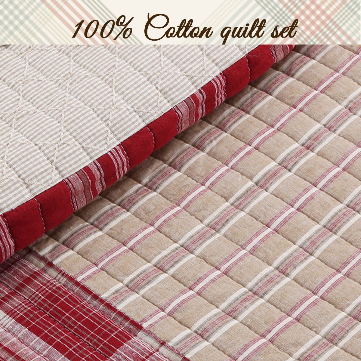 Alivia Red Brown Plaid Real Patchwork 3-Piece Cotton Reversible Quilt Bedding Set