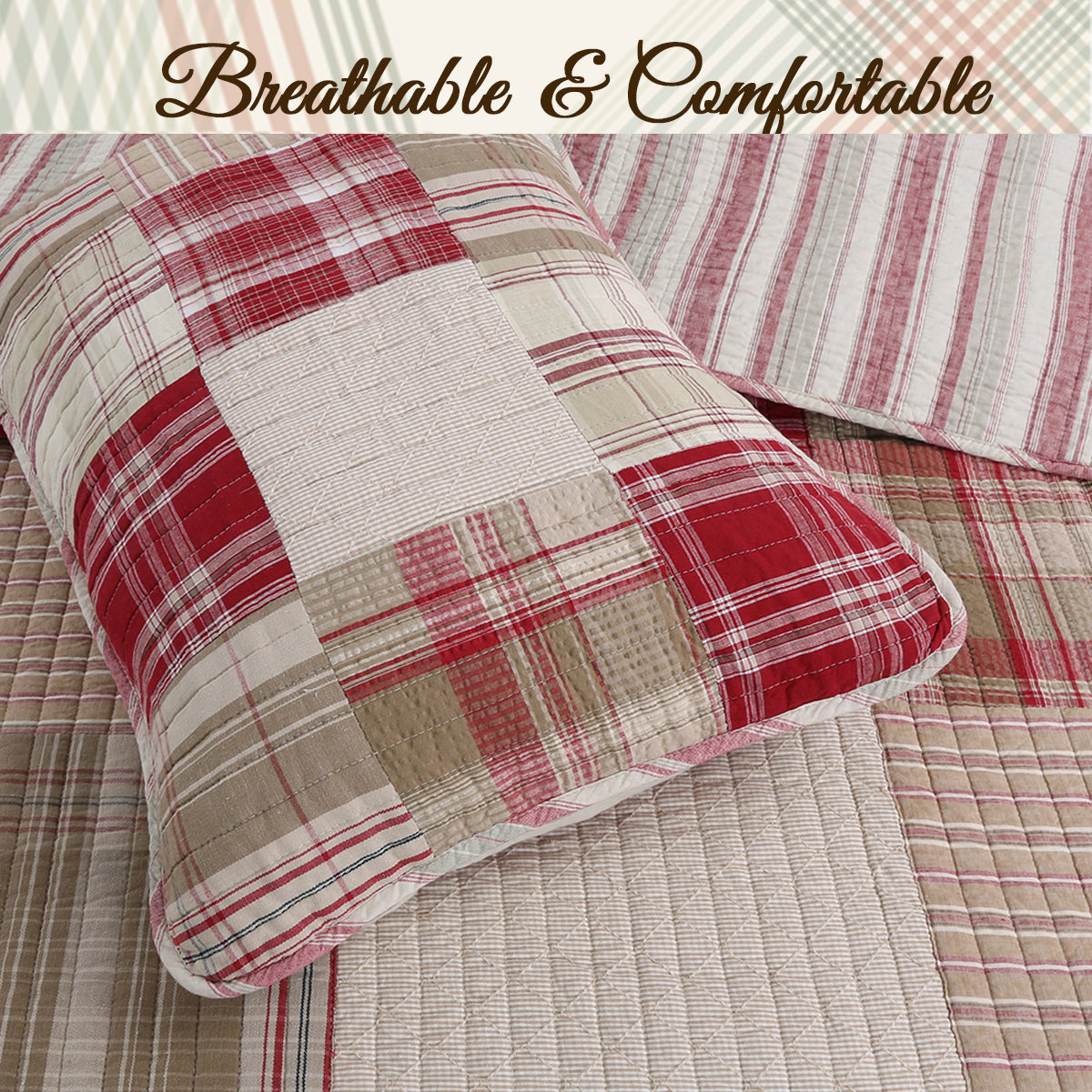 Alivia Red Brown Plaid Real Patchwork 3-Piece Cotton Reversible Quilt Bedding Set