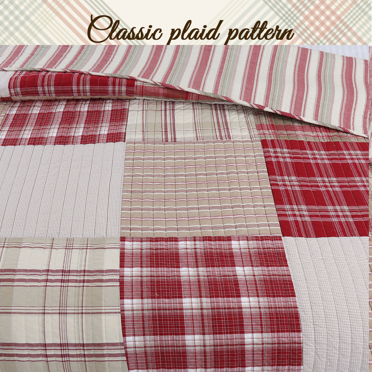 Alivia Red Brown Plaid Real Patchwork 3-Piece Cotton Reversible Quilt Bedding Set