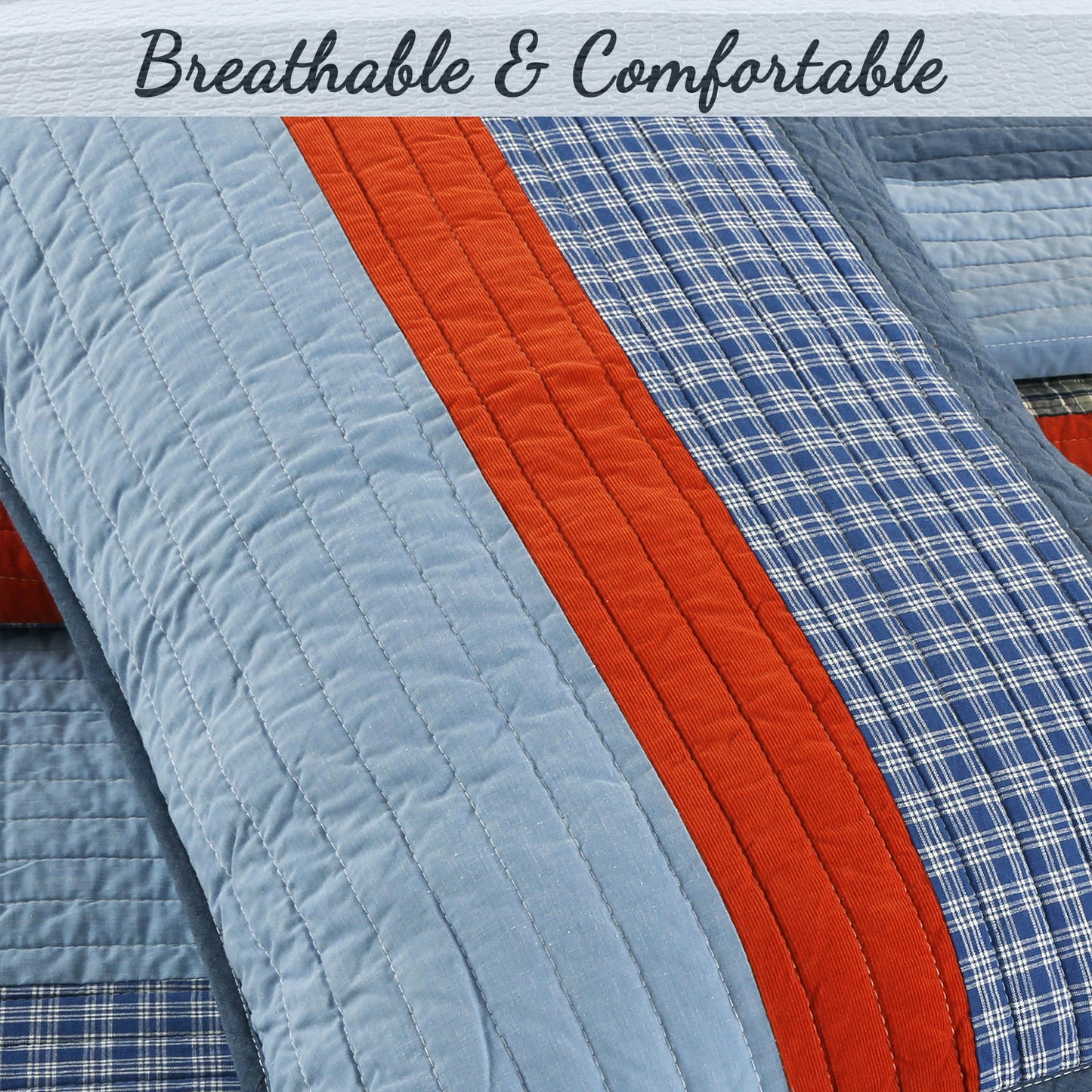 Navy Red Denim Plaid Real Patchwork Cotton Reversible Quilt Bedding Set