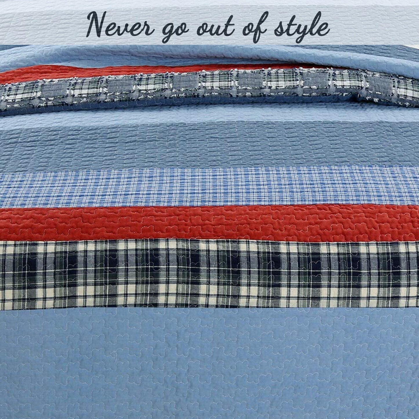 Navy Red Denim Plaid Real Patchwork Cotton Reversible Quilt Bedding Set