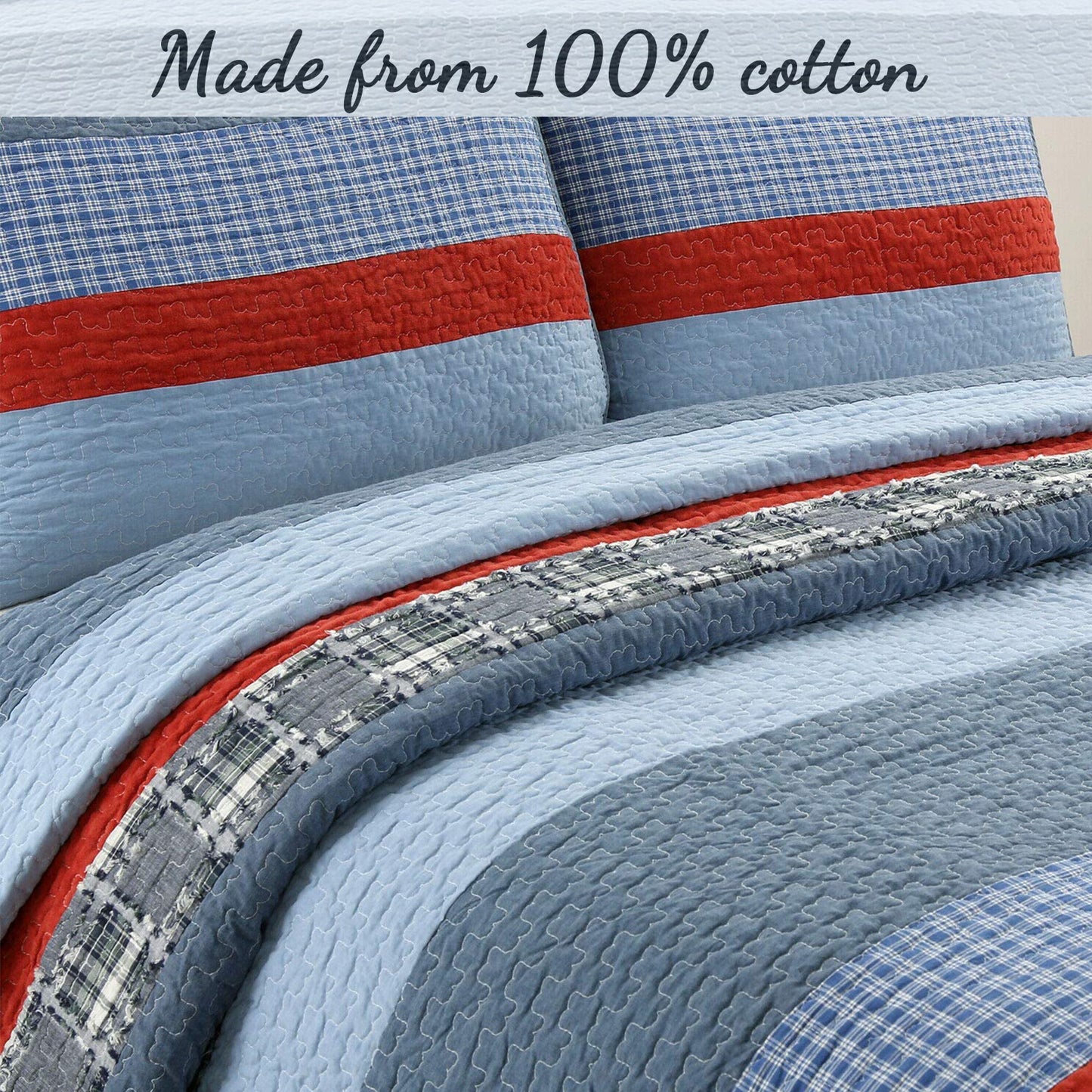 Navy Red Denim Plaid Real Patchwork Cotton Reversible Quilt Bedding Set