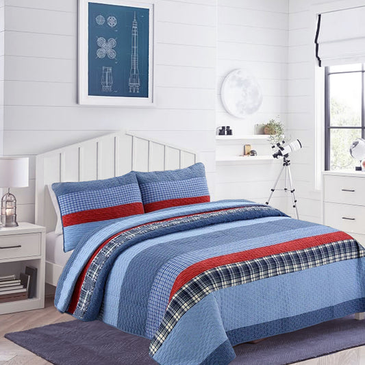 Navy Red Denim Plaid Real Patchwork Cotton Reversible Quilt Bedding Set