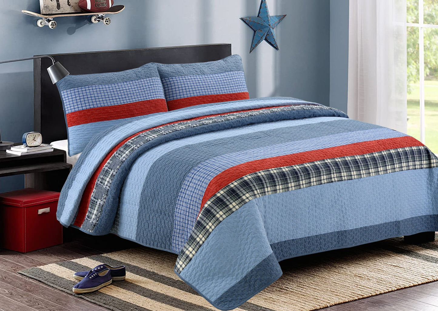 Navy Red Denim Plaid Real Patchwork Cotton Reversible Quilt Bedding Set