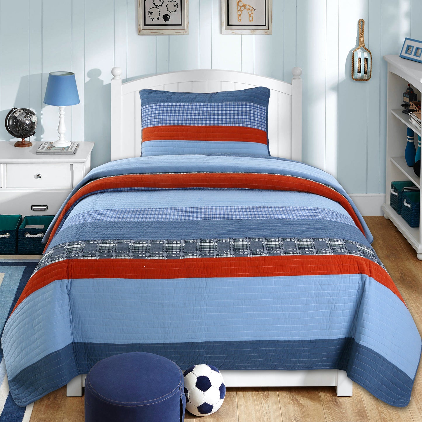 Navy Red Denim Plaid Real Patchwork Cotton Reversible Quilt Bedding Set