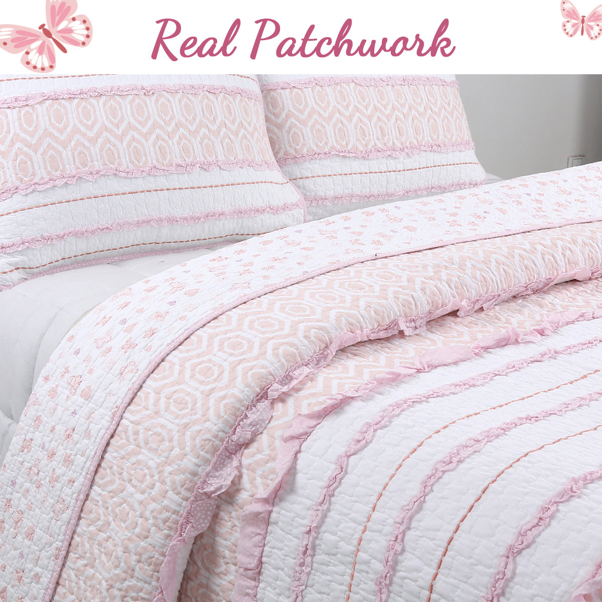 Pretty in Pink Girly Princess Ruffled Star Ogee Stripe Real Patchwork Cotton Reversible Quilt Bedding Set