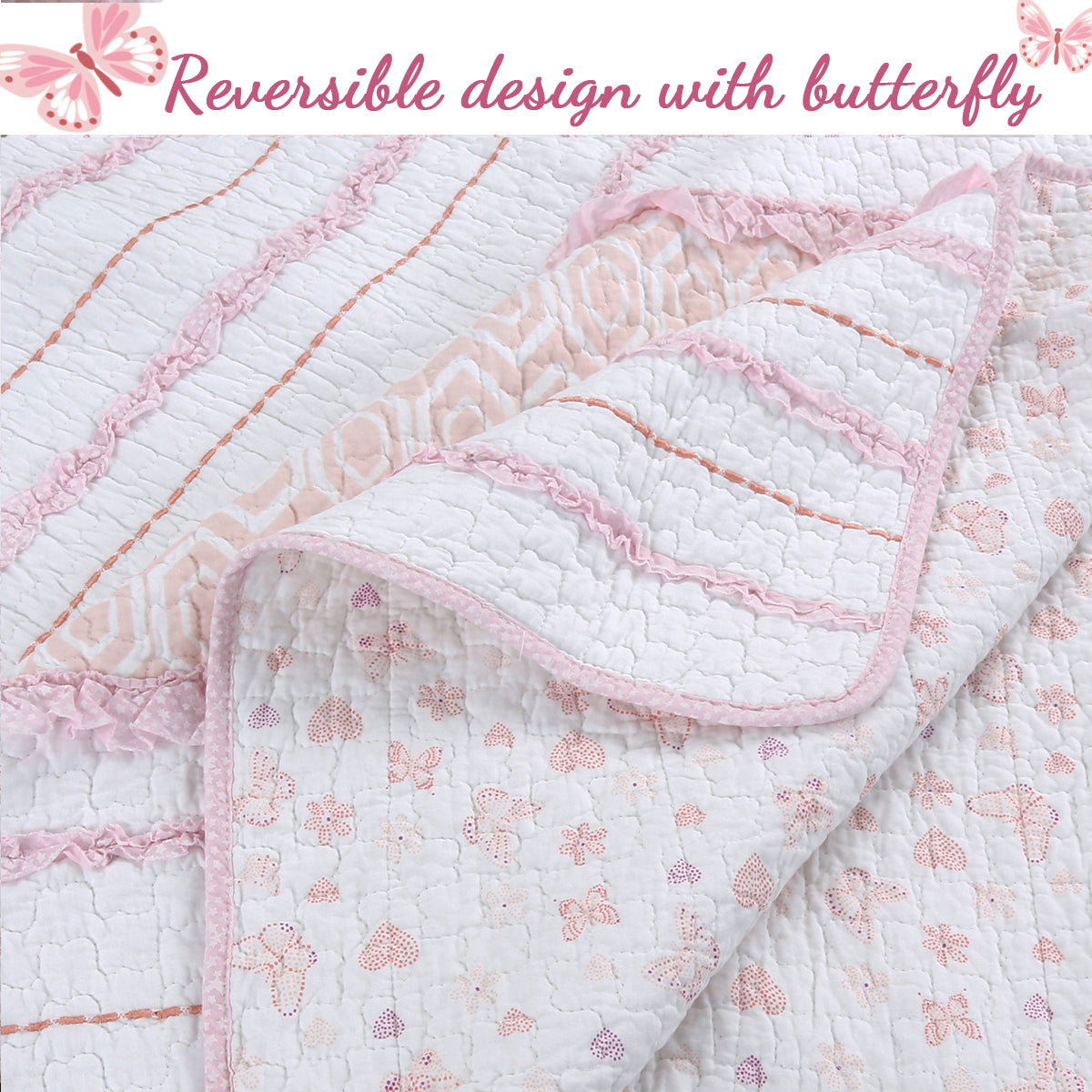 Pretty in Pink Girly Princess Ruffled Star Ogee Stripe Real Patchwork Cotton Reversible Quilt Bedding Set