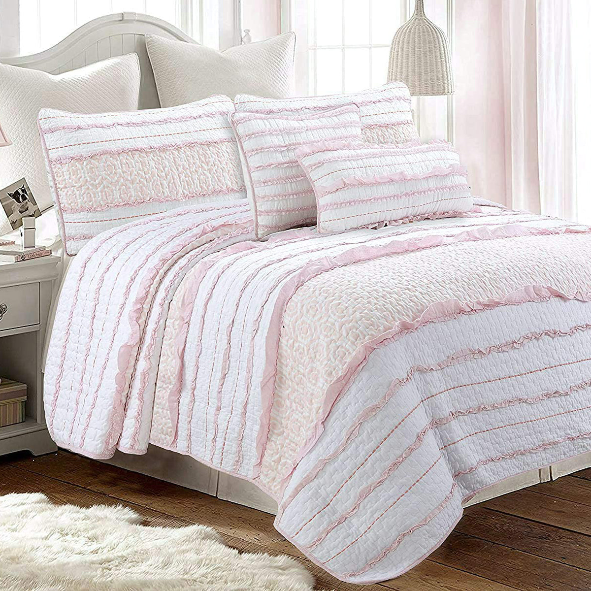 Pretty in Pink Girly Princess Ruffled Star Ogee Stripe Real Patchwork Cotton Reversible Quilt Bedding Set