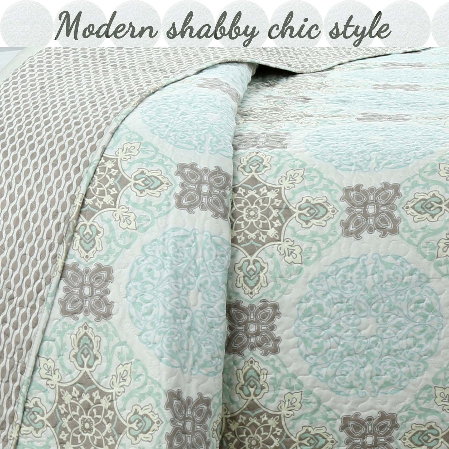 Light Green Damask 3-Piece Reversible Quilt Bedding Set