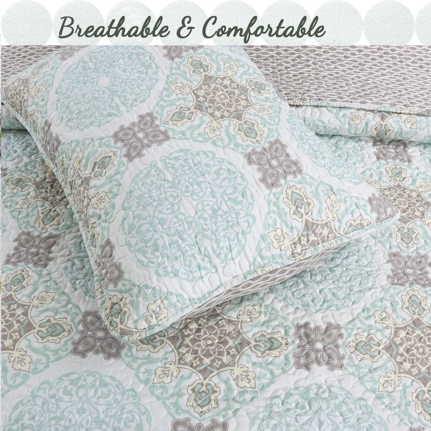 Light Green Damask 3-Piece Reversible Quilt Bedding Set