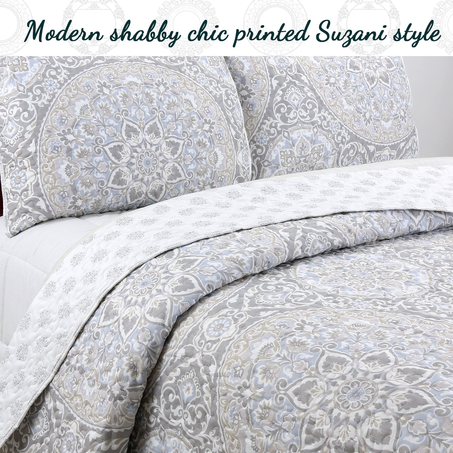 Venetia Gray Medallion 3-Piece Reversible Quilt Bedding Set