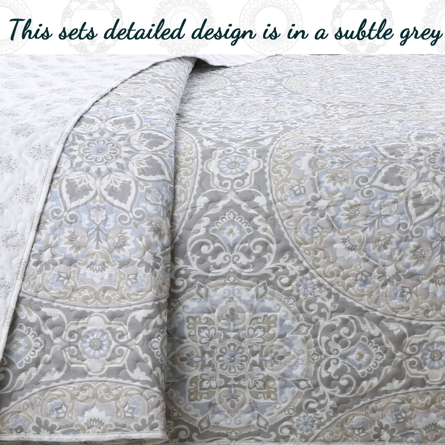 Venetia Gray Medallion 3-Piece Reversible Quilt Bedding Set