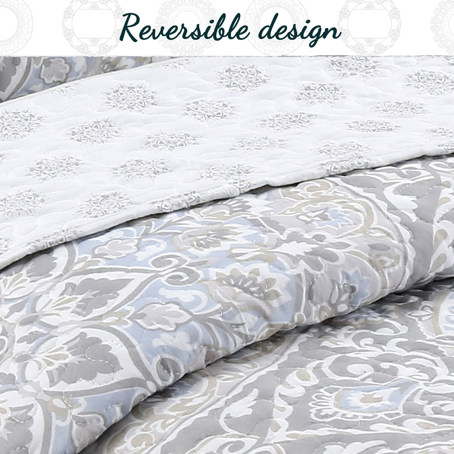 Venetia Gray Medallion 3-Piece Reversible Quilt Bedding Set