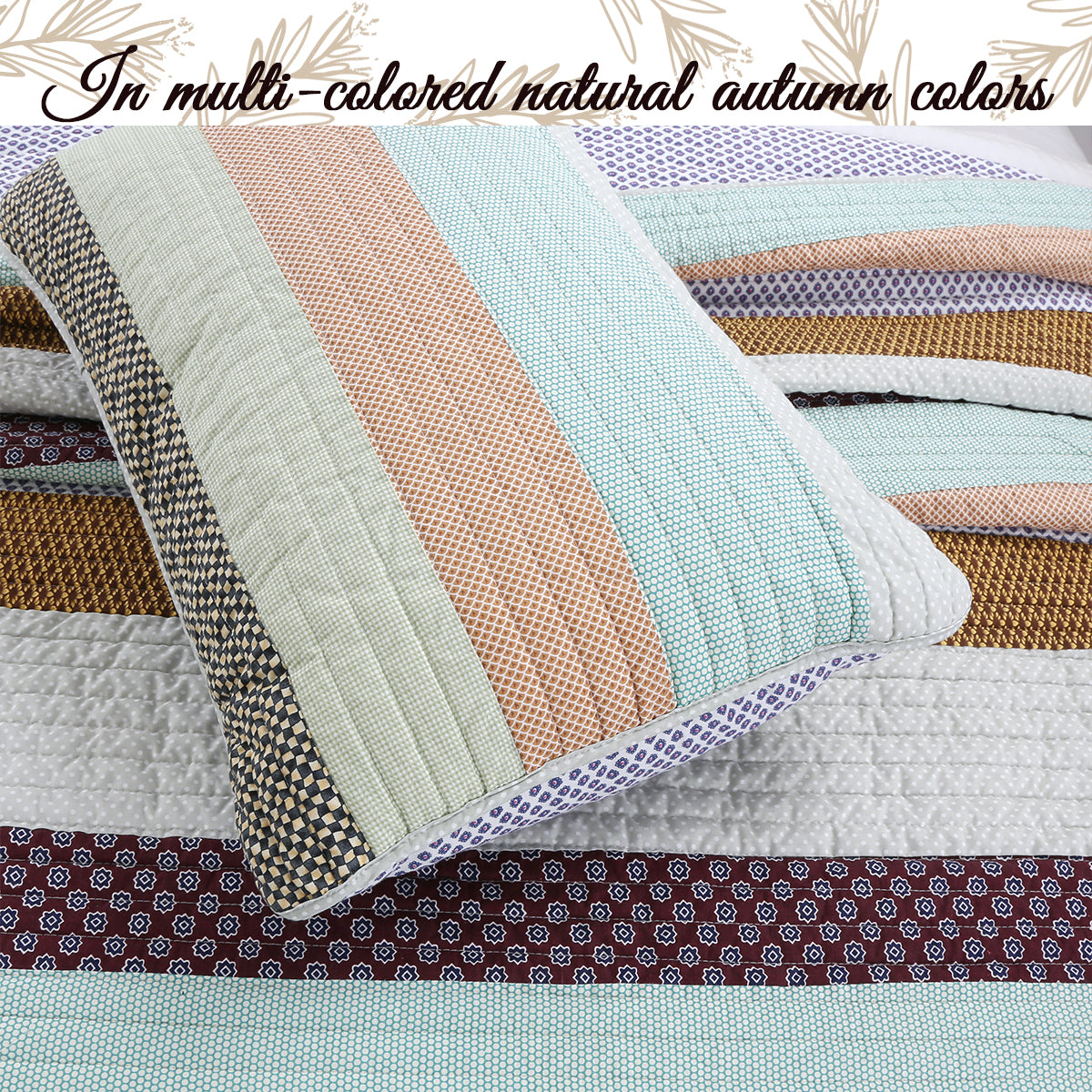 Nesco Striped Purple Green Brown Cotton 3-Piece Reversible Quilt Bedding Set