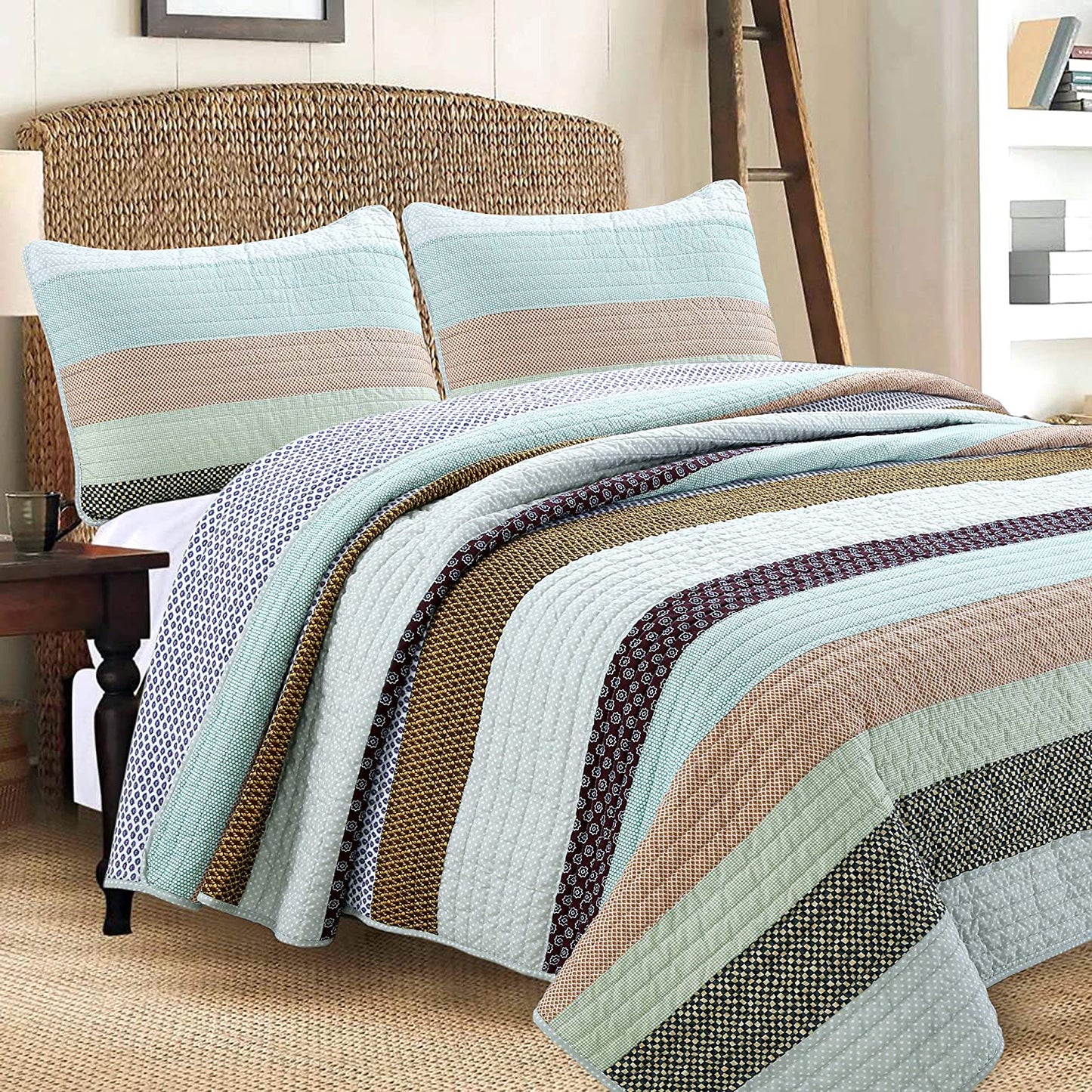 Nesco Striped Purple Green Brown Cotton 3-Piece Reversible Quilt Bedding Set