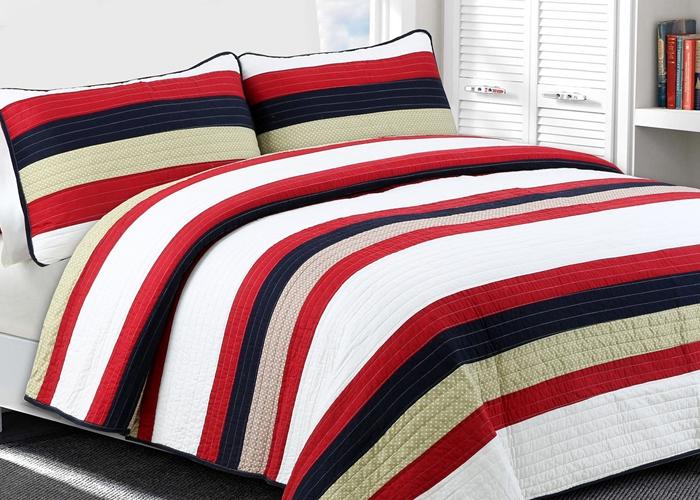 Rugby Red Striped Cotton Reversible Quilt Bedding Set