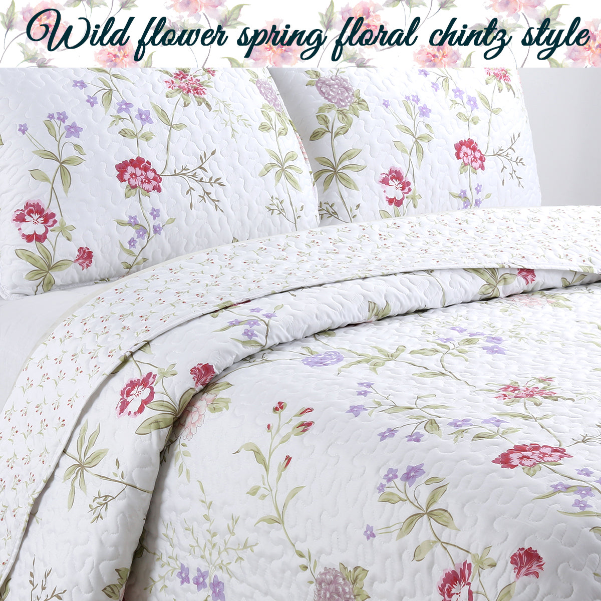 Lucie Light Pink Lavender Floral 3-Piece Reversible Quilt Bedding Set