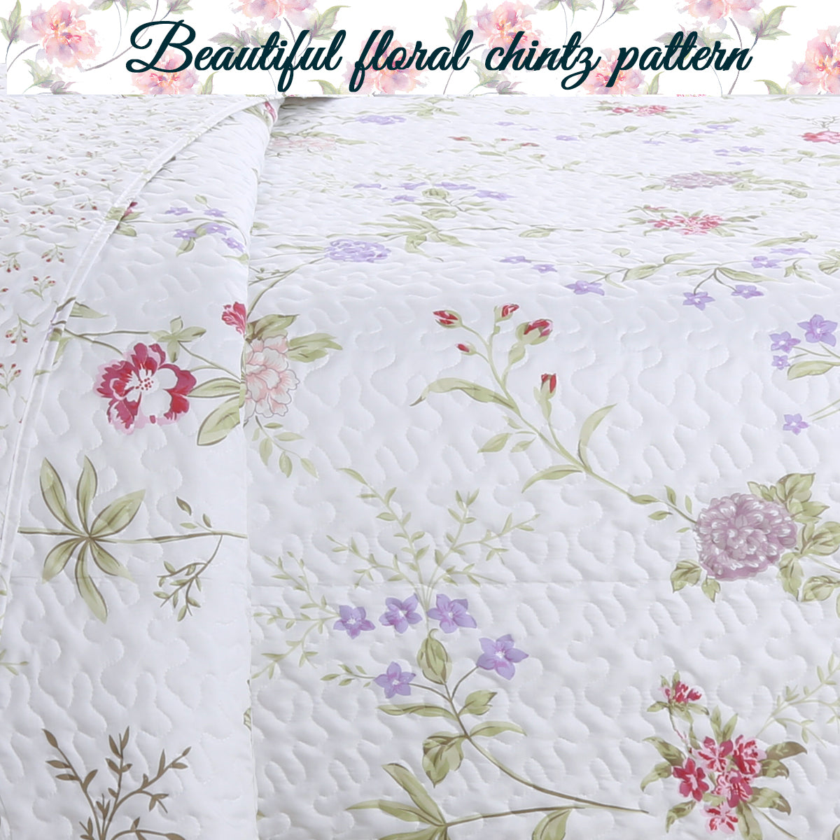 Lucie Light Pink Lavender Floral 3-Piece Reversible Quilt Bedding Set