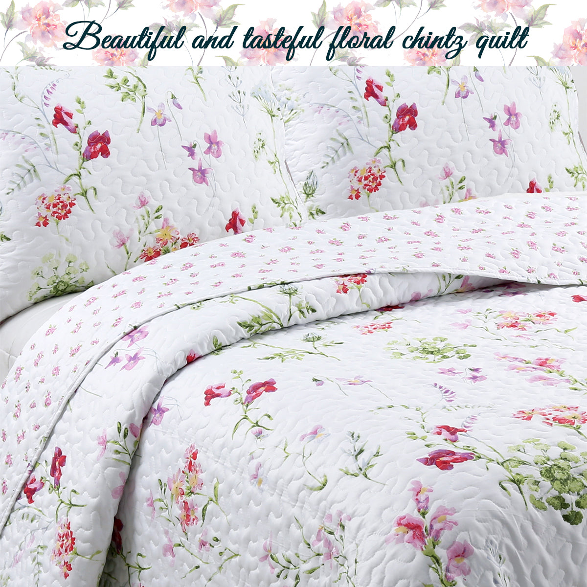 Carlotta Light Pink Blue Floral Print Reversible Quilt Bedding Set