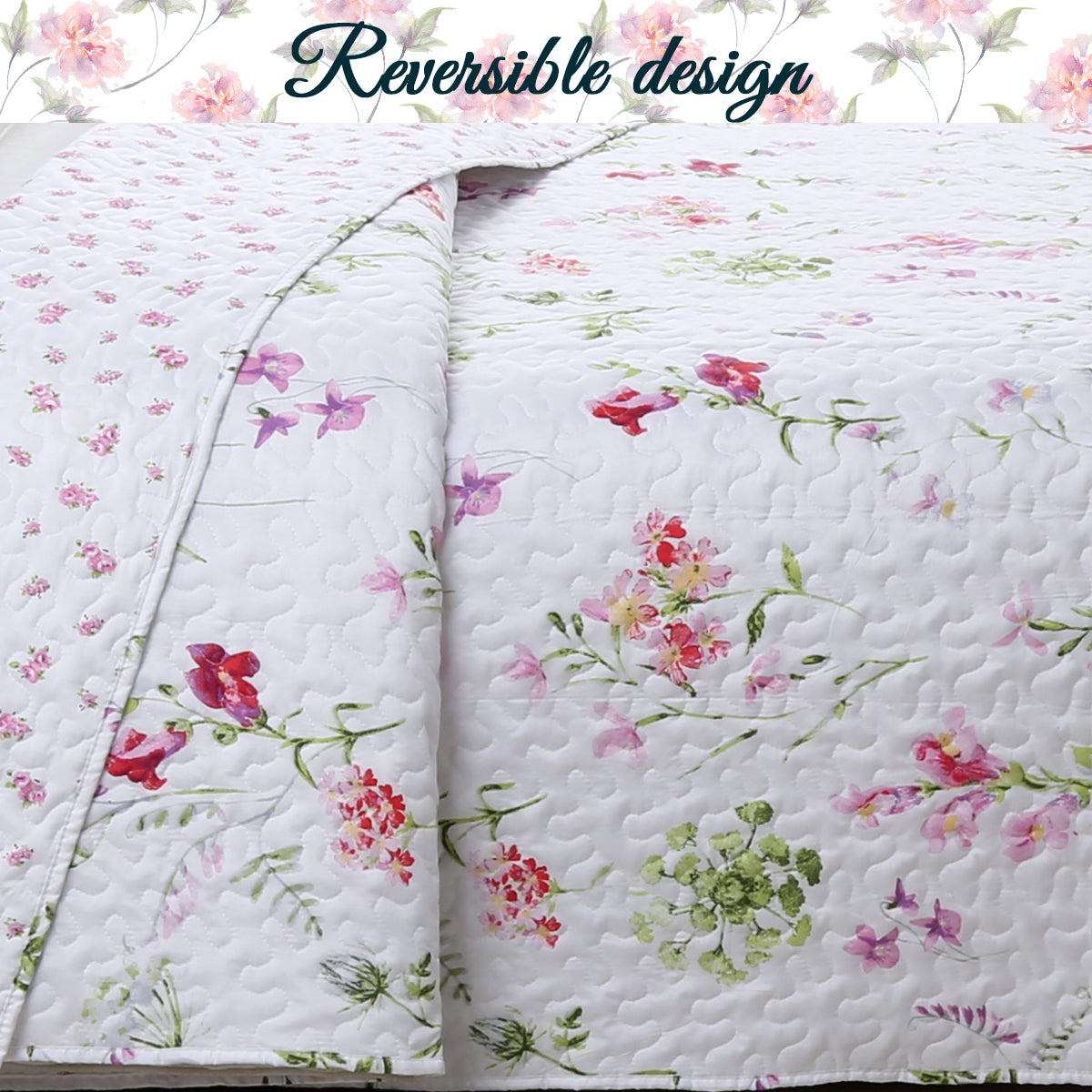 Carlotta Light Pink Blue Floral Print Reversible Quilt Bedding Set