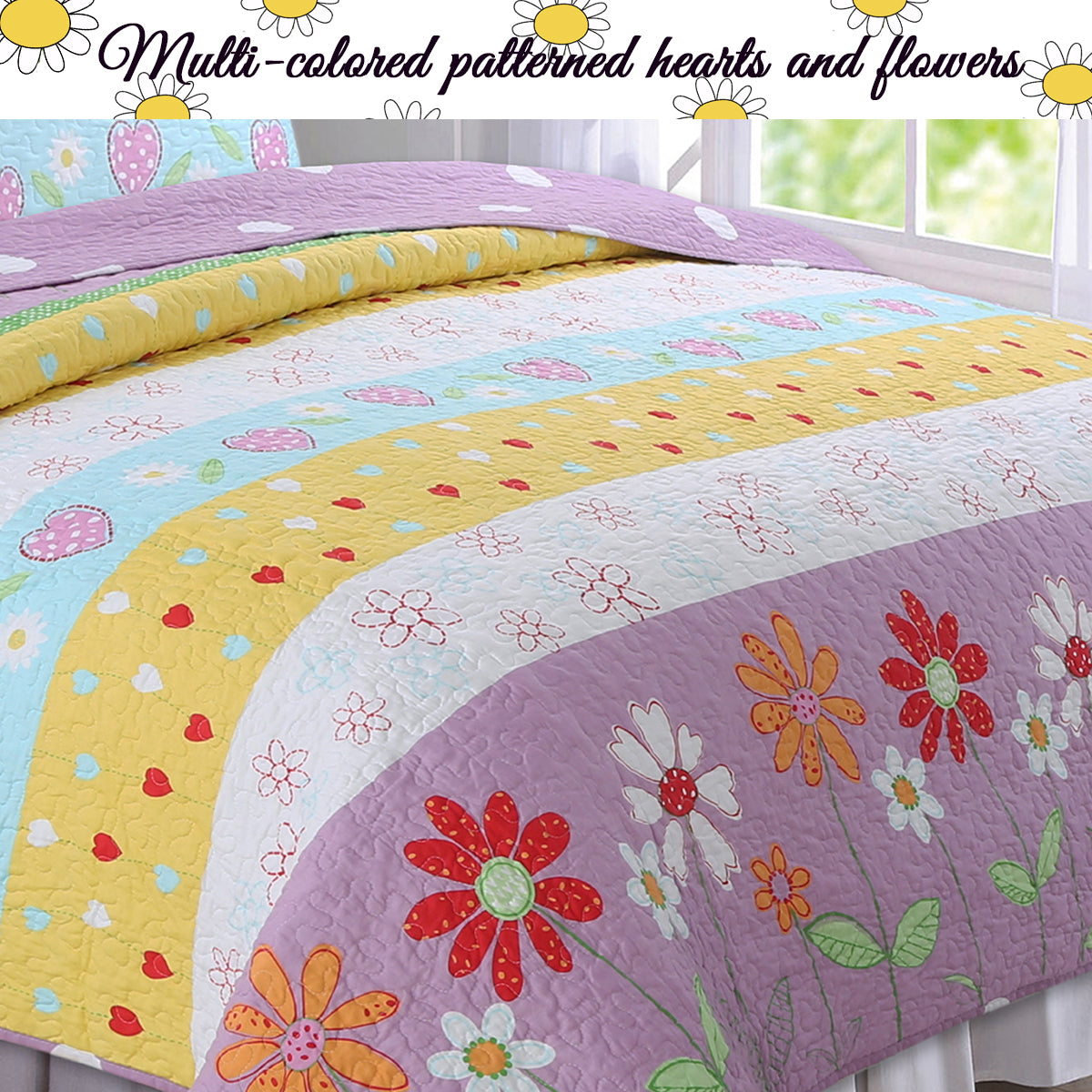 Flower Garden Heart Girl Print Reversible Quilt Bedding Set