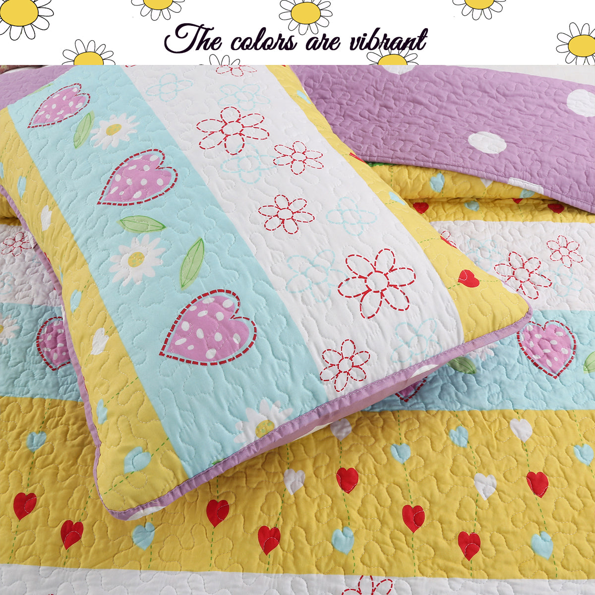 Flower Garden Heart Girl Print Reversible Quilt Bedding Set