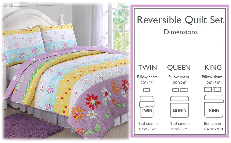 Flower Garden Heart Girl Print Reversible Quilt Bedding Set
