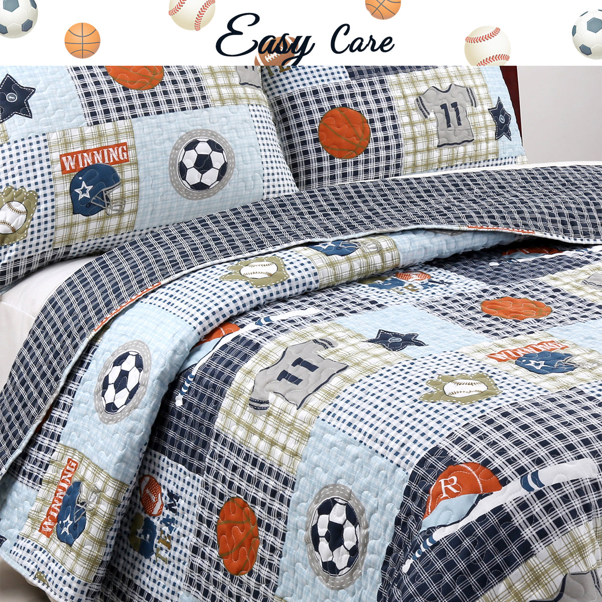 Blue Sports Baseball Basketball Soccer Football Print Patchwork Boy Reversible Quilt Bedding Set