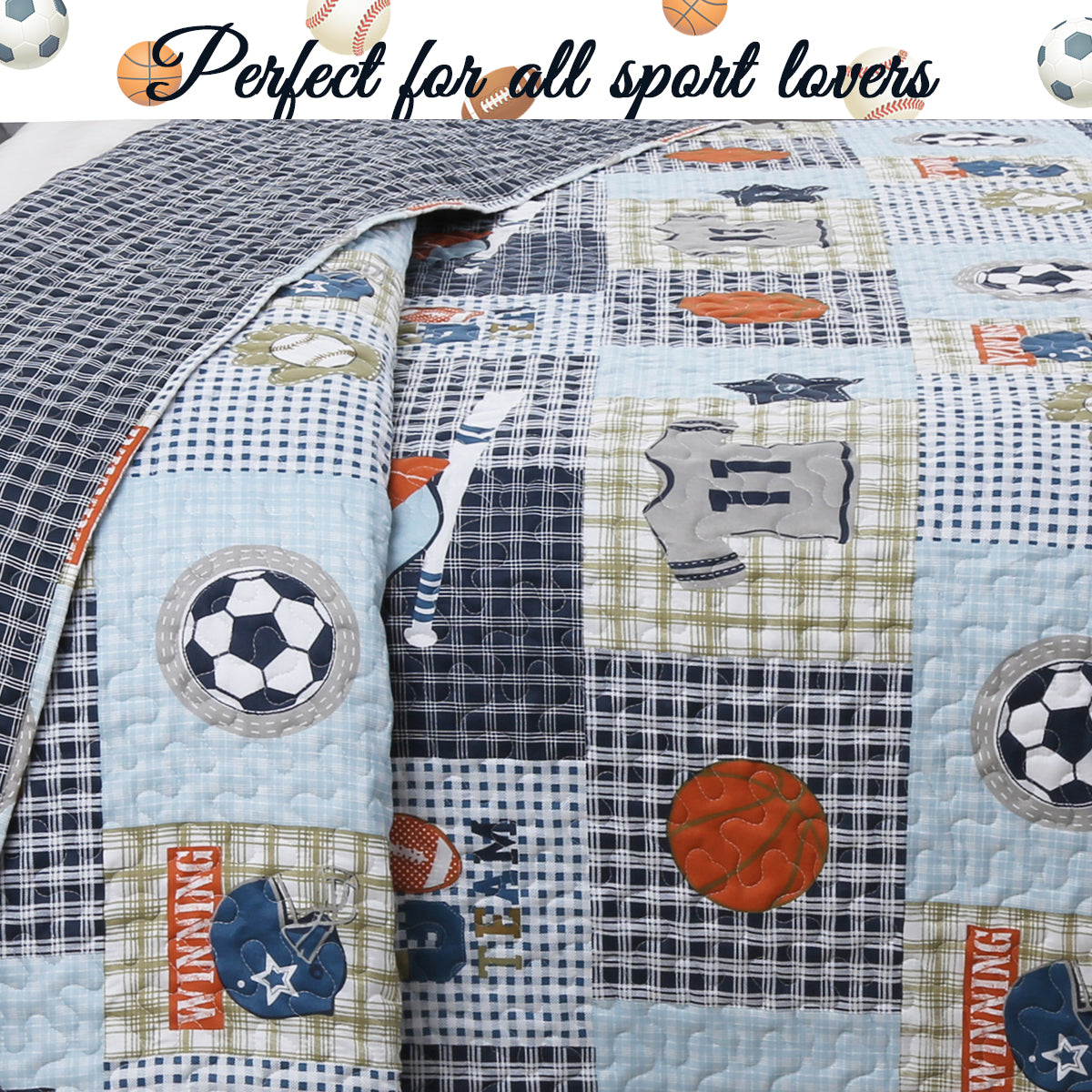 Blue Sports Baseball Basketball Soccer Football Print Patchwork Boy Reversible Quilt Bedding Set